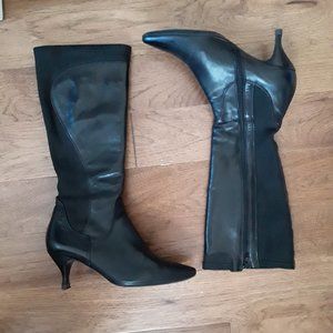 Aquatalia Weatherproof Tall Black Leather Low Heel Stretch Boots Made in Italy